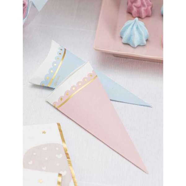 Coni in carta stampa con fantasia rosa celeste oro per confettate di cerimonie, battesimi, comunioni, nascite, cresime e matrimoni.