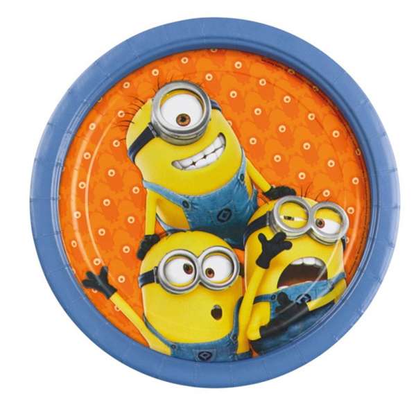 Confezione da 8 piatti in carta da 23 cm con Minions in diversi colori e pose buffe. Perfetti per feste a tema Minions.