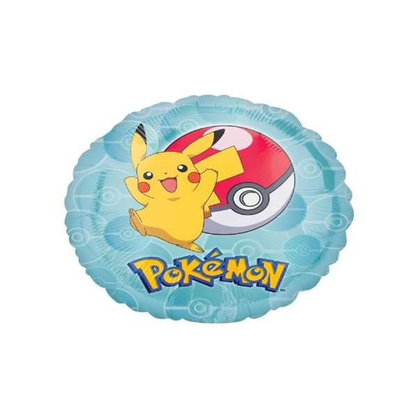 Palloncino metallizzato a forma di Pikachu con sfera Poke e scritta Pokemon, diametro 42cm. Perfetto per feste a tema Pokemon.