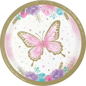 Confezione da 8 piatti in carta con grafica di una farfalla colorata con bordi dorati e fiori lilla, viola glicine e rosa, diametro 18cm. Perfetti per feste a tema farfalle.