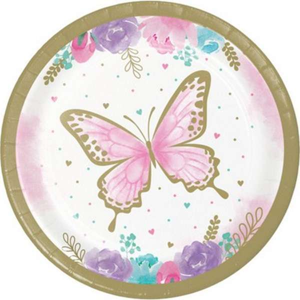 Confezione da 8 piatti in carta con grafica di una farfalla colorata con bordi dorati e fiori lilla, viola glicine e rosa, diametro 18cm. Perfetti per feste a tema farfalle.