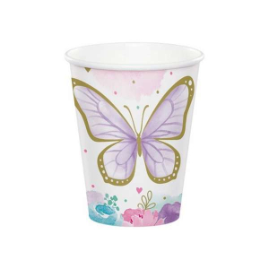 Confezione da 8 bicchieri in carta con grafica di una farfalla colorata con bordi dorati e fiori lilla, viola glicine e rosa, capacità 266ml. Perfetti per feste a tema farfalle.