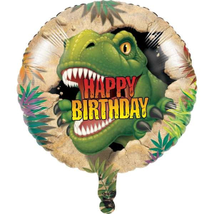 Palloncino a globo metallizzato a forma di T-Rex con scritta "HAPPY BIRTHDAY", diametro 45.7cm. Perfetto per feste a tema dinosauri.