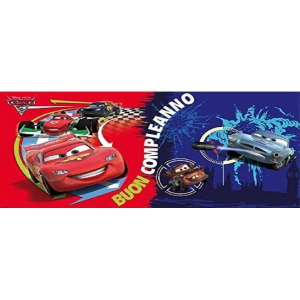Festone in plastica da 152x76cm con i personaggi del film Cars in azione sulla pista. Perfetto per feste a tema Cars Disney.