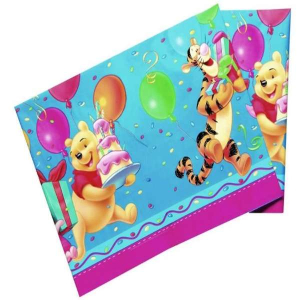 Tovaglia in plastica da 120x180cm con Winnie The Pooh, Tigro, Pimpi, Tappo e Ih-Oh dentro palloncini colorati. Perfetta per feste a tema Winnie The Pooh.