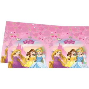 Tovaglia in plastica con grafica delle Principesse Disney (Ariel, Belle, Cenerentola, Aurora e Jasmine), dimensioni 120x180cm. Perfetta per feste a tema principesse Disney.