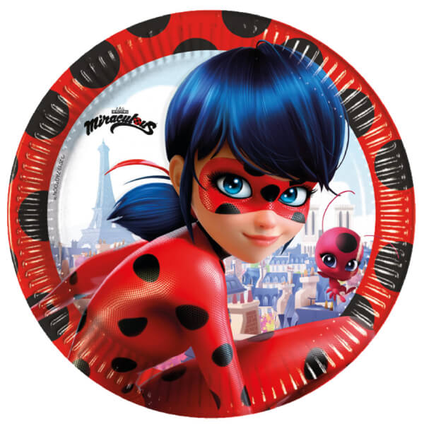 Confezione da 8 piatti di carta usa e getta con immagini di Lady Bug, l'eroina di Miraculous, ideale per feste di compleanno, party e allestimenti.