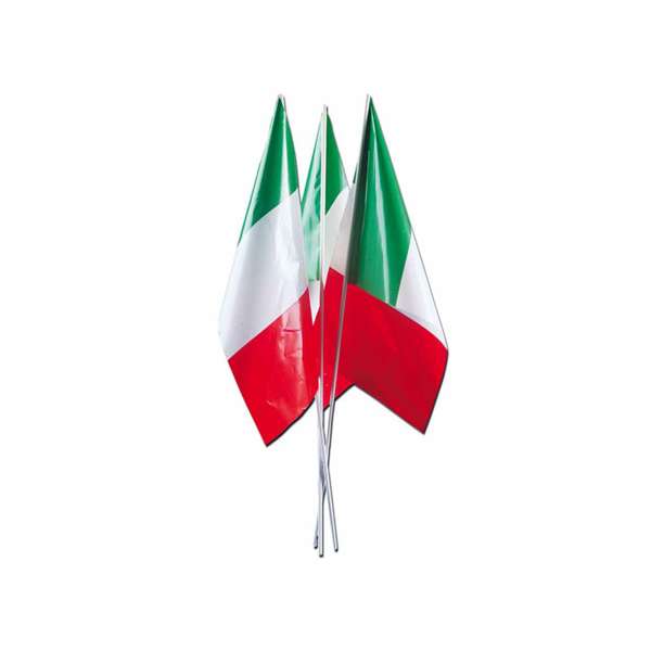 Confezione da 24 bandiere tricolore dell'Italia con aste in legno, ideali per tifosi, party, feste e allestimenti per tifare la Nazionale Italiana.