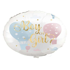 Palloncino mylar da 45cm con scritta "Boy or Girl?" e coriandoli colorati per feste Gender Reveal.