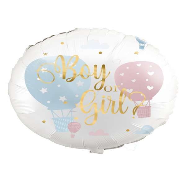 Palloncino mylar da 45cm con scritta "Boy or Girl?" e coriandoli colorati per feste Gender Reveal.