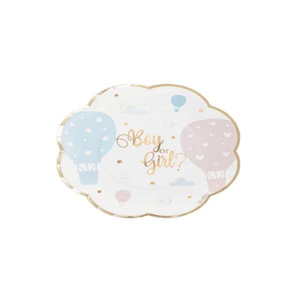 Confezione da 8 piatti sagomati in cartoncino da 20cm con decoro rosa e azzurro e scritta "Boy or Girl?" per feste Gender Reveal Baby Shower.