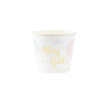 Confezione da 8 bicchieri in carta da 250 cc con scritta "Boy or Girl?" in oro per feste Gender Reveal Baby Shower.