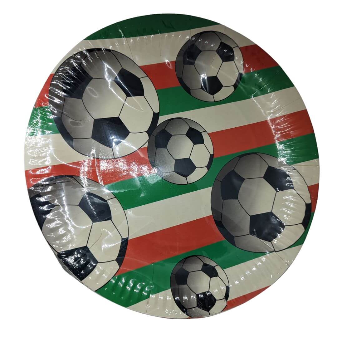 Confezione da 6 piatti di carta tricolore con logo della Nazionale Italiana Calcio, ideale per feste a tema Italia, calcio, tifo, ultras e party.