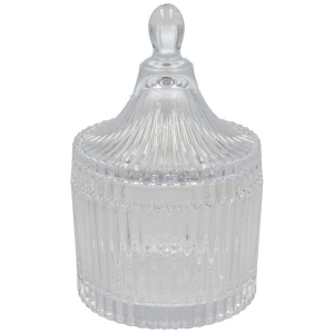 Potiche in vetro trasparente con coperchio a pomello, ideale per bomboniera o vaso.