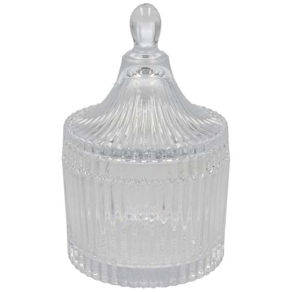 Potiche in vetro trasparente con coperchio a pomello, ideale per bomboniera o vaso.