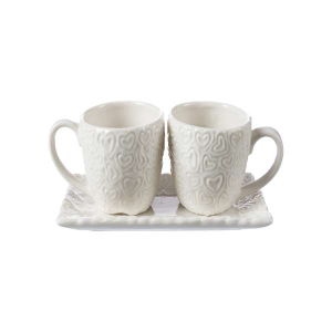 Testo alternativo immagine: Set composto da tazzina in ceramica bianca con bordo dorato e piattino rettangolare con logo My Heart.
