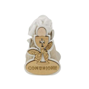 Scatola in legno a forma di calice per bomboniera o regalo di Prima Comunione, personalizzabile con nome o frase.