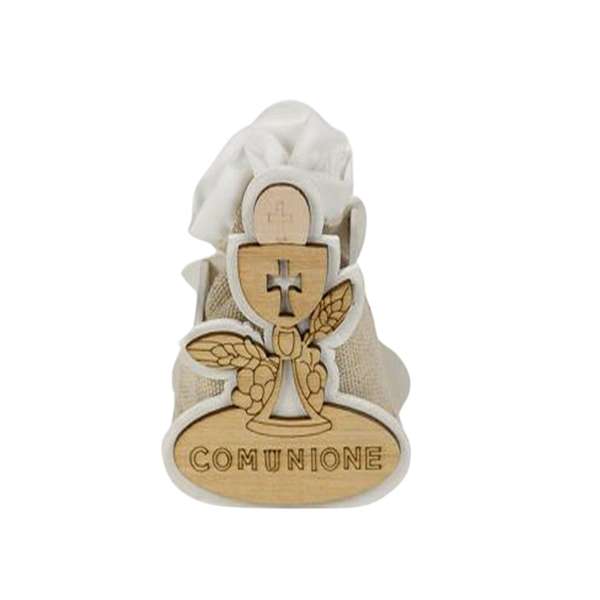 Scatola in legno a forma di calice per bomboniera o regalo di Prima Comunione, personalizzabile con nome o frase.