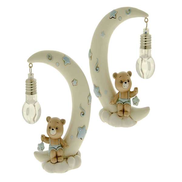 Lampada bomboniera a forma di mezza luna celeste in resina multicolor con stelline a rilievo, ideale per la cameretta dei bambini.