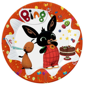 Confezione da 8 piatti compostabili in carta con i personaggi di Bing (Bing e Flop) e una torta di compleanno, ideale per feste a tema Bing, compleanni, party e allestimenti.
