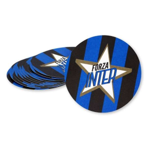 Confezione da 12 sottobicchieri con il logo dell'Inter e i colori nerazzurri, ideale per feste a tema Inter, compleanni, party, ultras, calcio e allestimenti.