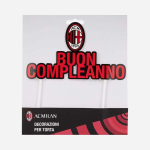 Cake topper con logo Milan stilizzato e la scritta "Buon Compleanno" in lettere nere e rosse alternate, ideale per decorare torte di compleanno a tema Milan.