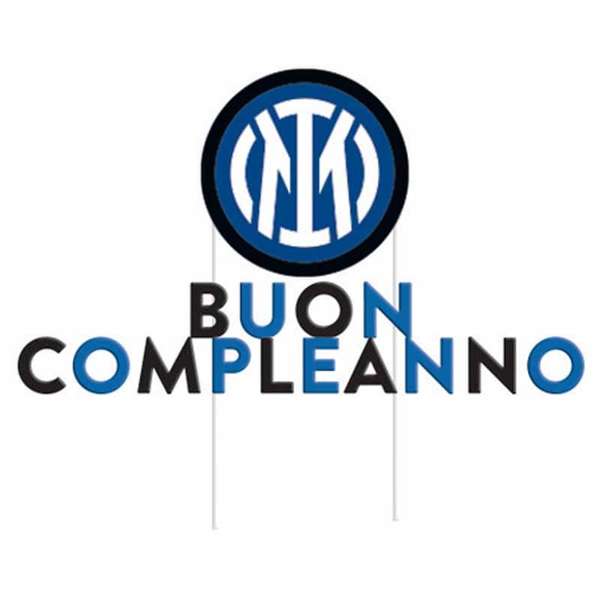 Cake topper con logo Inter stilizzato e la scritta "Buon Compleanno" in lettere nere e azzurre alternate, ideale per decorare torte di compleanno a tema Inter.