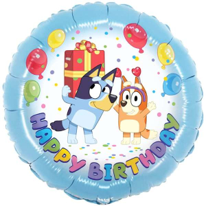 Palloncino tondo da 18 pollici con i personaggi di Bluey (Bluey e Bingo) e la scritta multicolori "happy birthday", ideale per feste a tema Bluey, compleanni, party e allestimenti. Made in Italy.