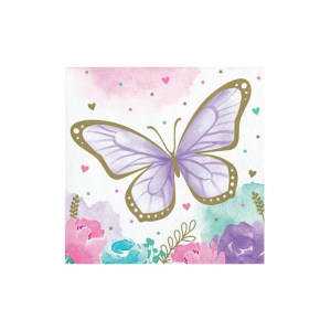 Confezione da 16 tovaglioli in carta da 25x25cm con disegnate farfalle colorate con bordi dorati e fiori lilla, viola glicine e rosa. Perfetti per compleanni, feste, pic-nic e buffet.