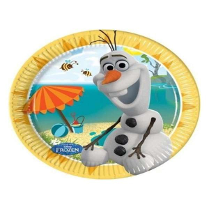 Confezione da 8 piatti in carta da 19,5 cm con la figura di Olaf di Frozen su una spiaggia tropicale, circondato da colori estivi. Ideale per feste a tema Frozen, compleanni, party e allestimenti.