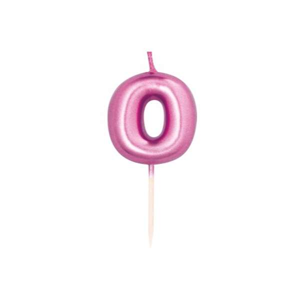 Candelina numerale zero fucsia metallica su stecco, 7 cm
