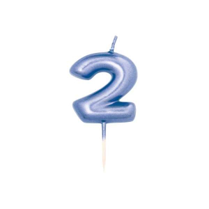 Candelina numerale due blu metallica su stecco, 7 cm