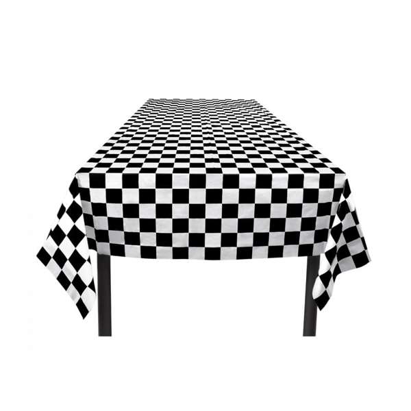 Tovaglia Grand Prix Racing in plastica decorata a scacchi bianchi e neri. Misura 1.30mt x 1.80mt. Perfetta per feste, compleanni, eventi sportivi.
