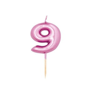 Candelina numerale nove fucsia metallica su stecco, 7 cm