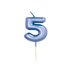 Candelina numerale cinque blu metallica su stecco, 7 cm