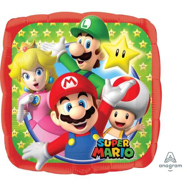 Palloncino quadrato Super Mario Party 43 cm con Mario, Luigi, Toad, la Principessa Peach e la stellina. Prodotto ufficiale Nintendo.
