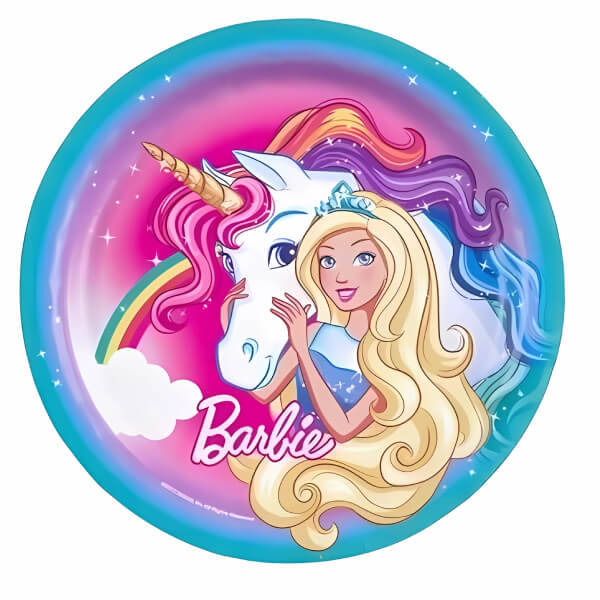 Piatti in carta Barbie e Unicorno, 23cm, confezione da 8 pezzi. Ideali per feste e compleanni.