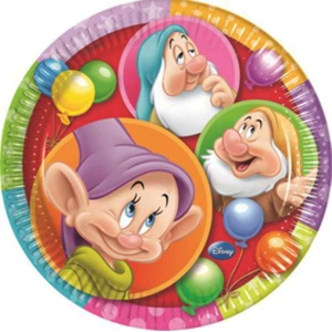 Confezione di piatti in carta 7 Nani, decorati con i protagonisti di Biancaneve. Ideali per compleanni e feste a tema.
