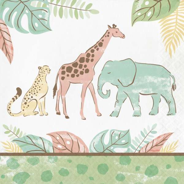 Tovaglioli Safari Baby 16 pezzi in carta 2 veli con giraffa, elefante e ghepardo