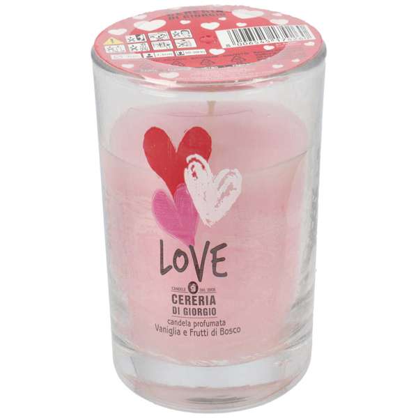 Candela Profumata Love in bicchiere 7x7,5 cm con profumo di vaniglia e frutti di bosco