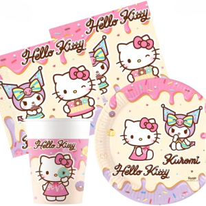 kit festa Hello Kitty e Kuromi per 16 persone con piatti, bicchieri e tovaglioli