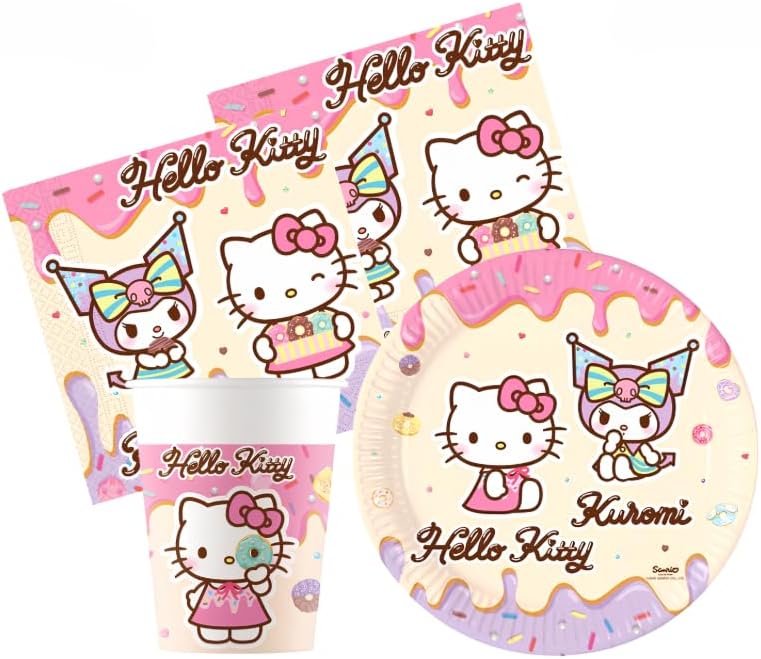 kit festa Hello Kitty e Kuromi per 16 persone con piatti, bicchieri e tovaglioli